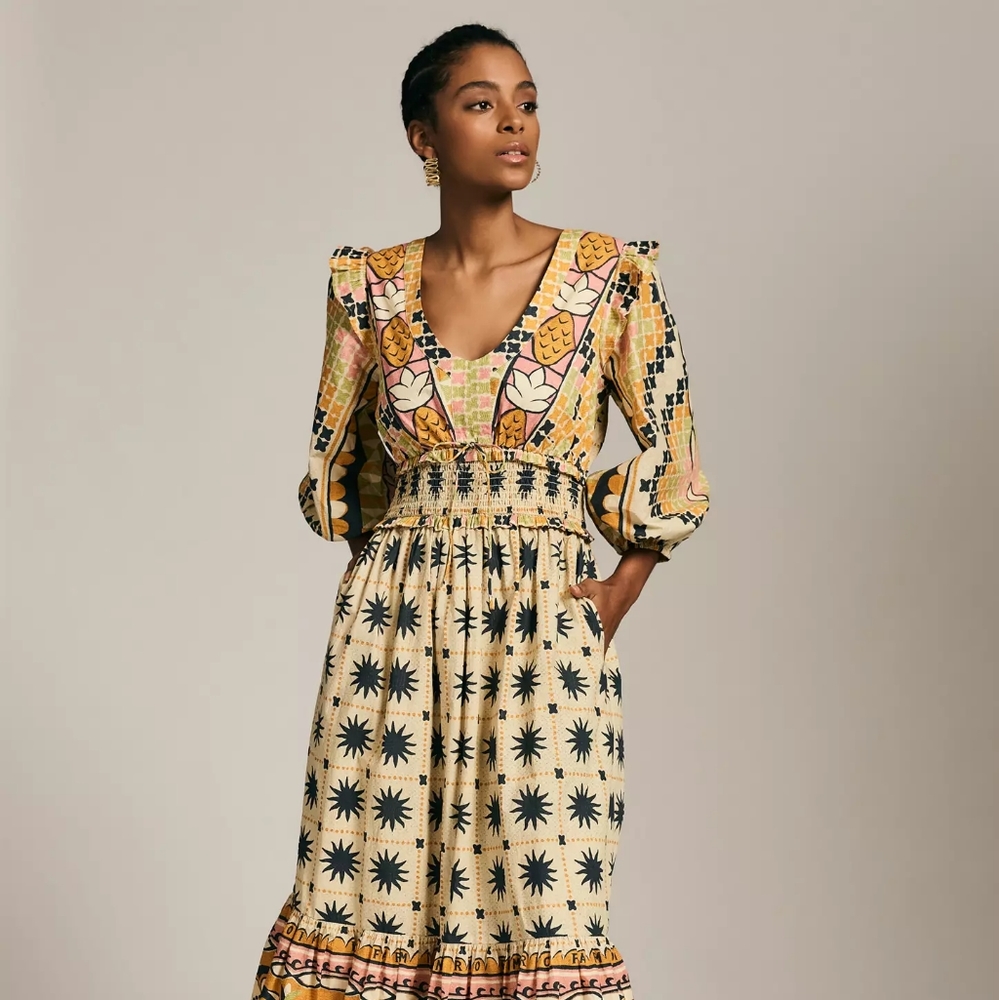 Anthropologie Farm Rio Tropical Sunshine V-Neck maxi size XXS